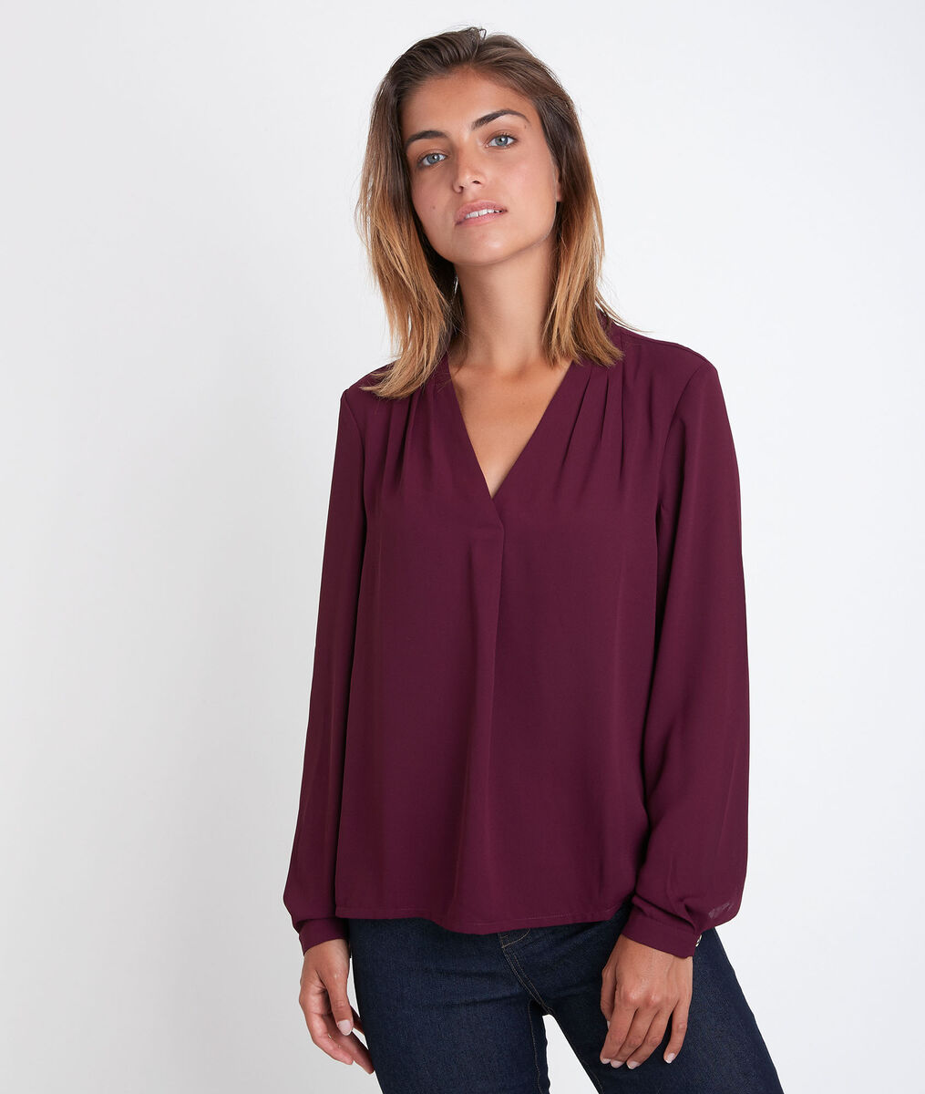 Blouse bimatière col V grenat Davina | 1-2-3 Blouse bimatière col V grenat Davina PhotoZ | 1-2-3