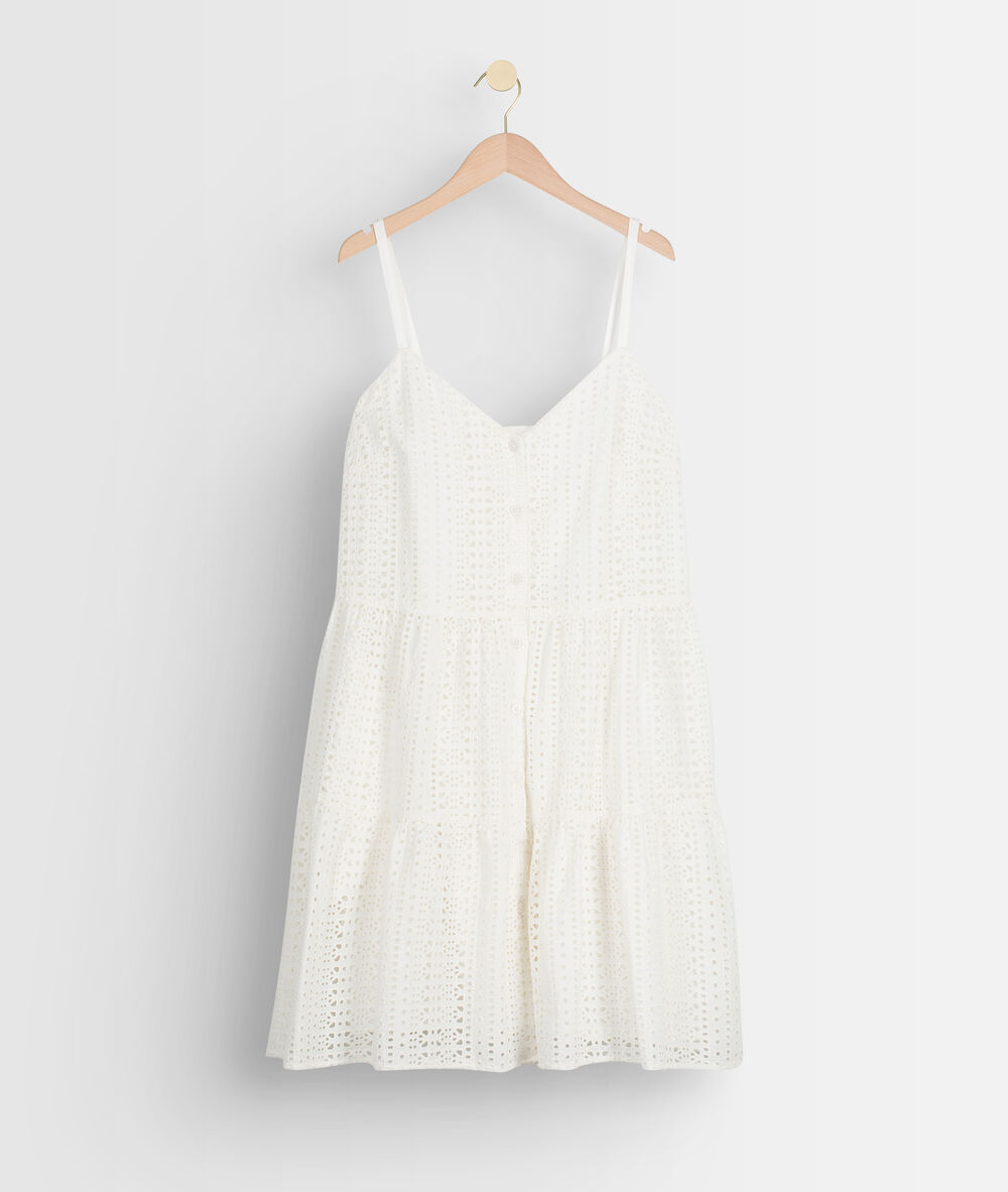 Robe mini à bretelles en broderie anglaise blanche samia ecru.