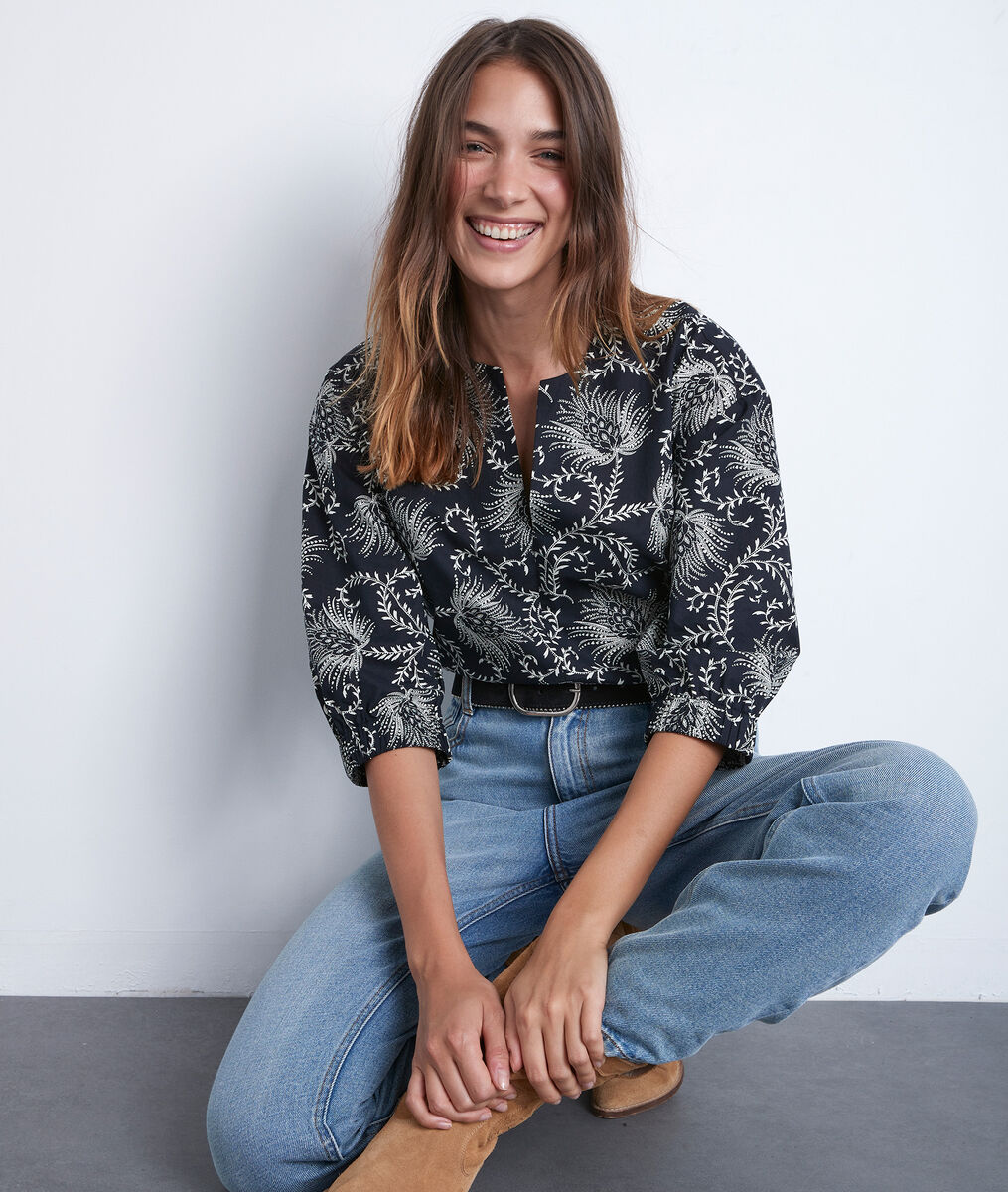 Blouse en coton imprimé noir et blanc Amel | 1-2-3 Blouse en coton imprimé noir et blanc Amel PhotoZ | 1-2-3