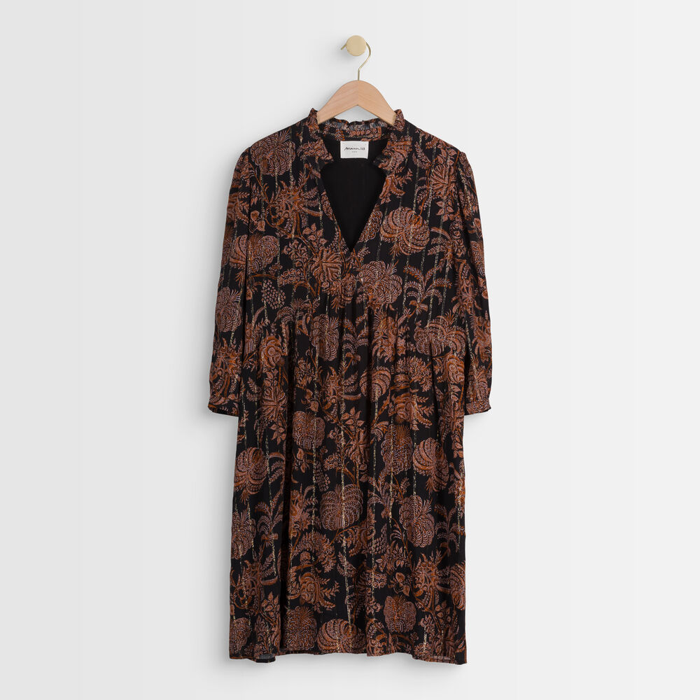 Robe courte imprimée noir et orange lais noir.