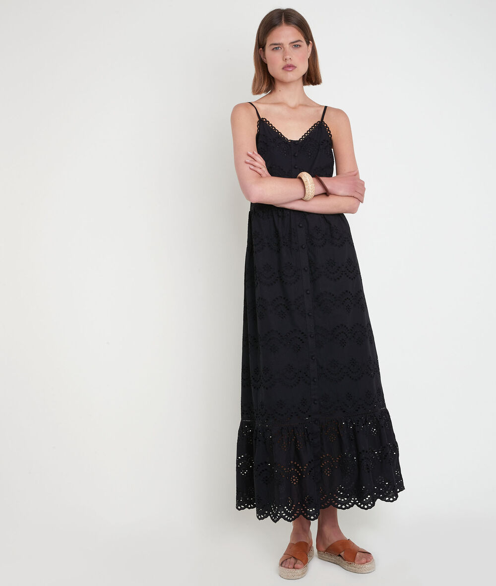 Robe longue en broderie anglaise noire lys noir.