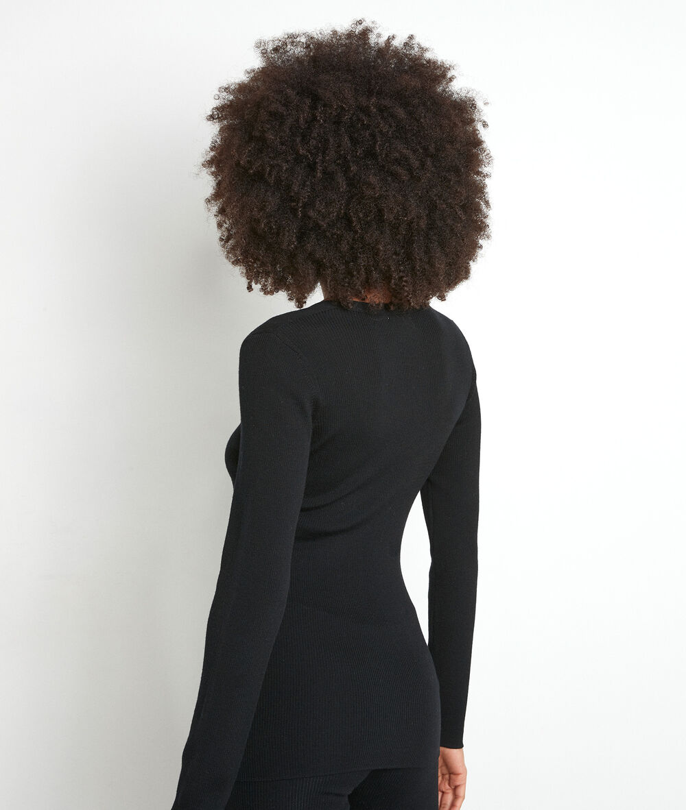 Zwart t-shirt met lange mouwen van geribd en gerecycled wol tayron noir.