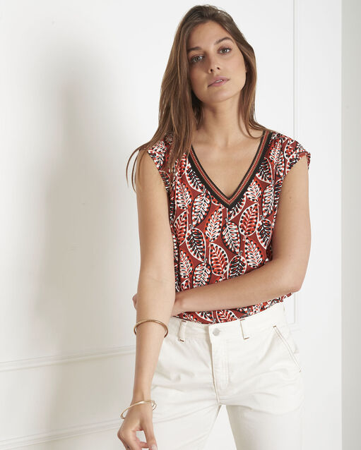 Blouse acajou imprimé ethnique miledine sable.