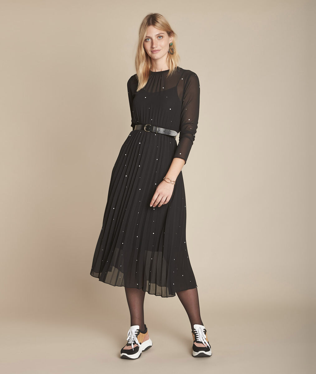 Langes Kleid Schwarz Plissiert Mit Punktchenmuster Iola Damen Maison 123