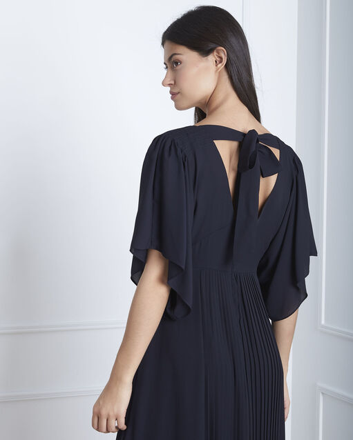 Robe marine plissée noeud dos hedwige marine.