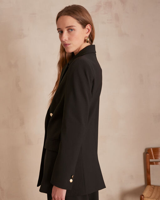 Schwarze, lange und gekreuzte jacke aus mikrofaser, florine schwarz.