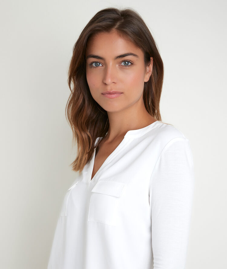 Tee-shirt écru bimatière col tunisien genna ecru.
