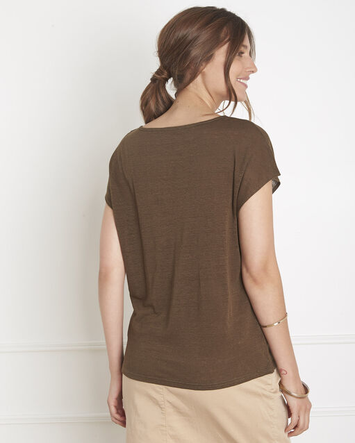 Tee-shirt kaki col v en lin perfect kaki.