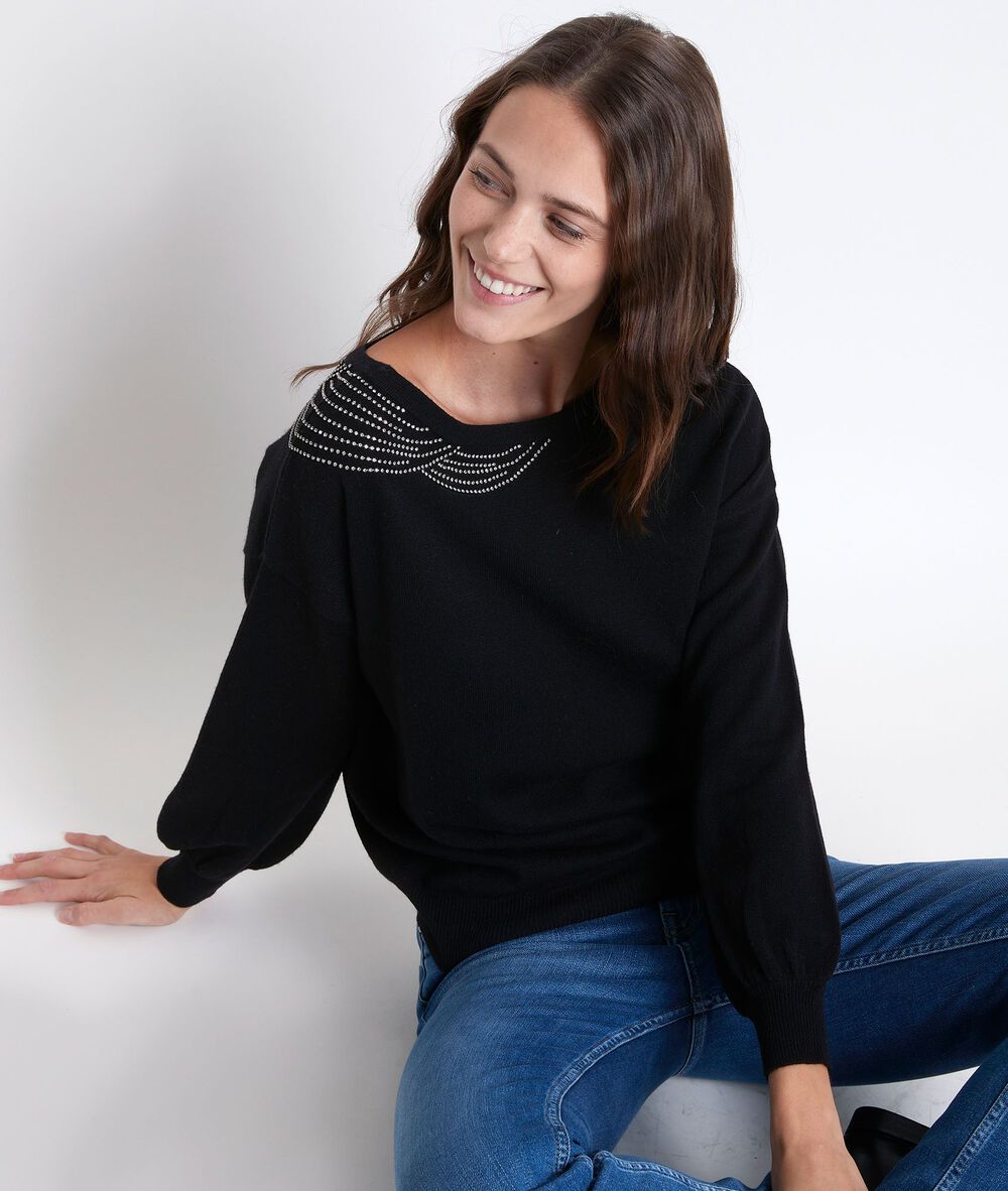Pull en polyester recyclé à strass roch noir.