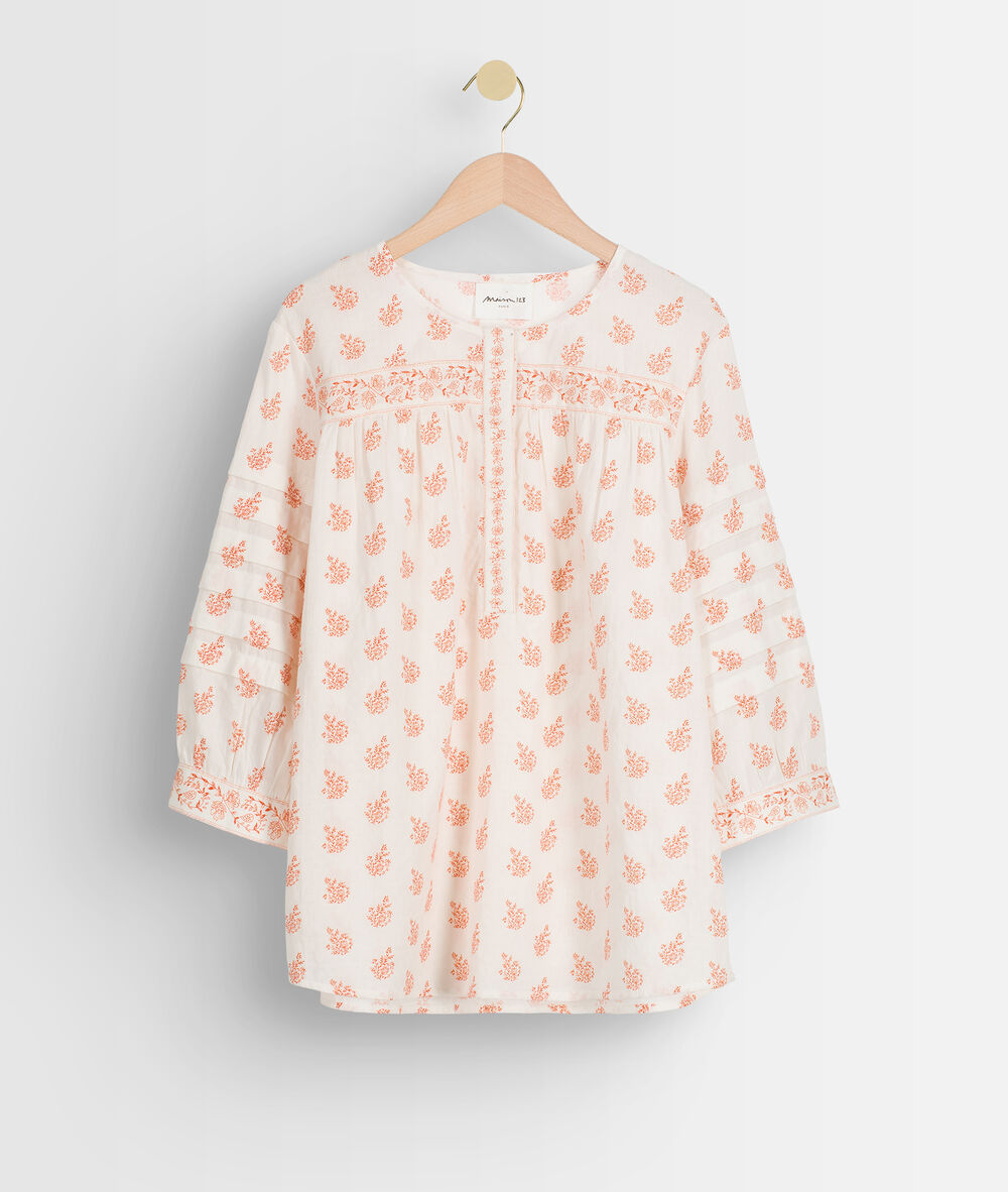 Blouse en coton imprimé écru et orange aria pêche.