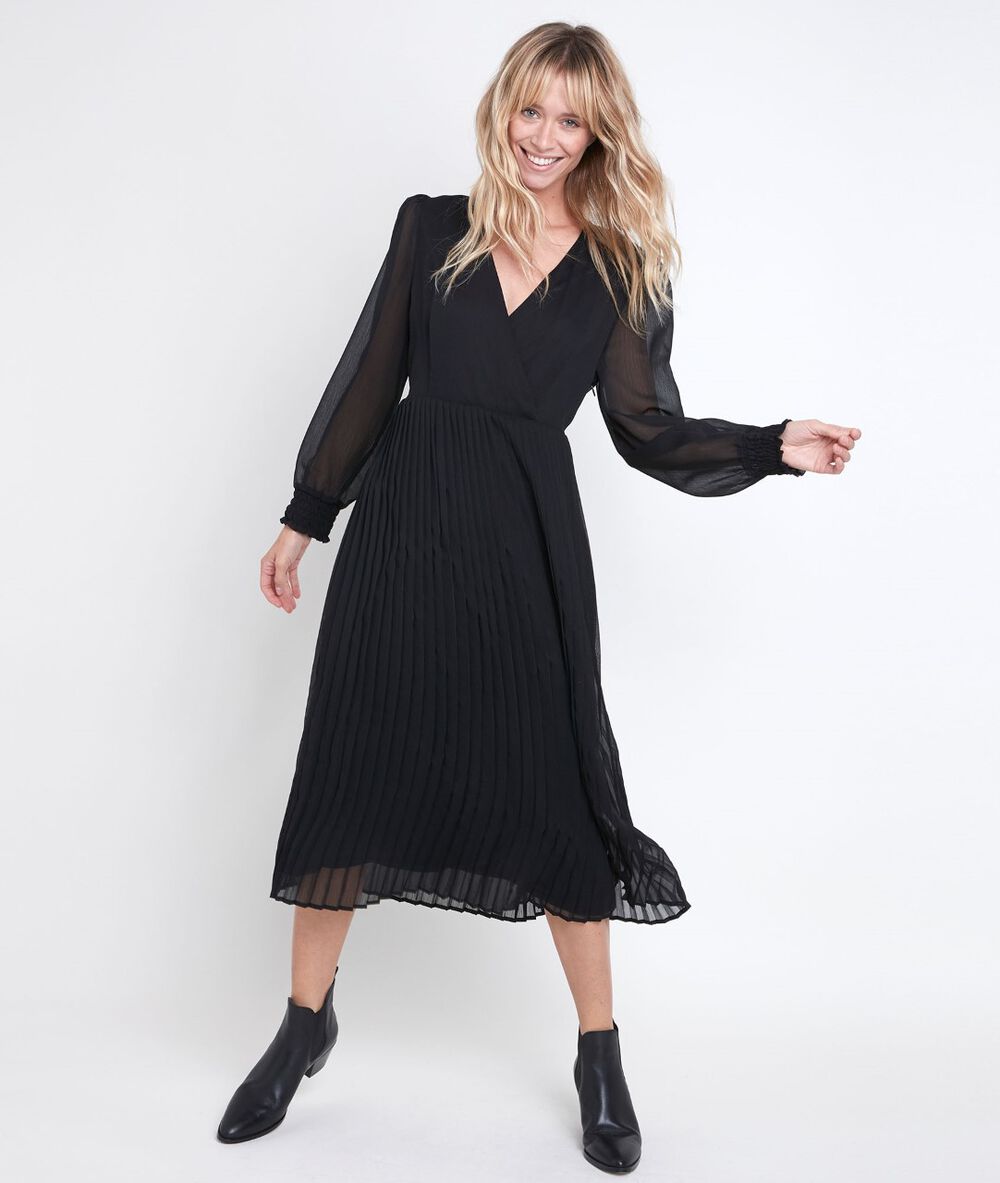 Robe portefeuille plissée caresse noir.