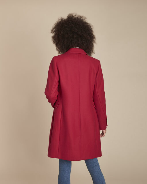 Manteau droit rouge en laine mélangée plume grenade.