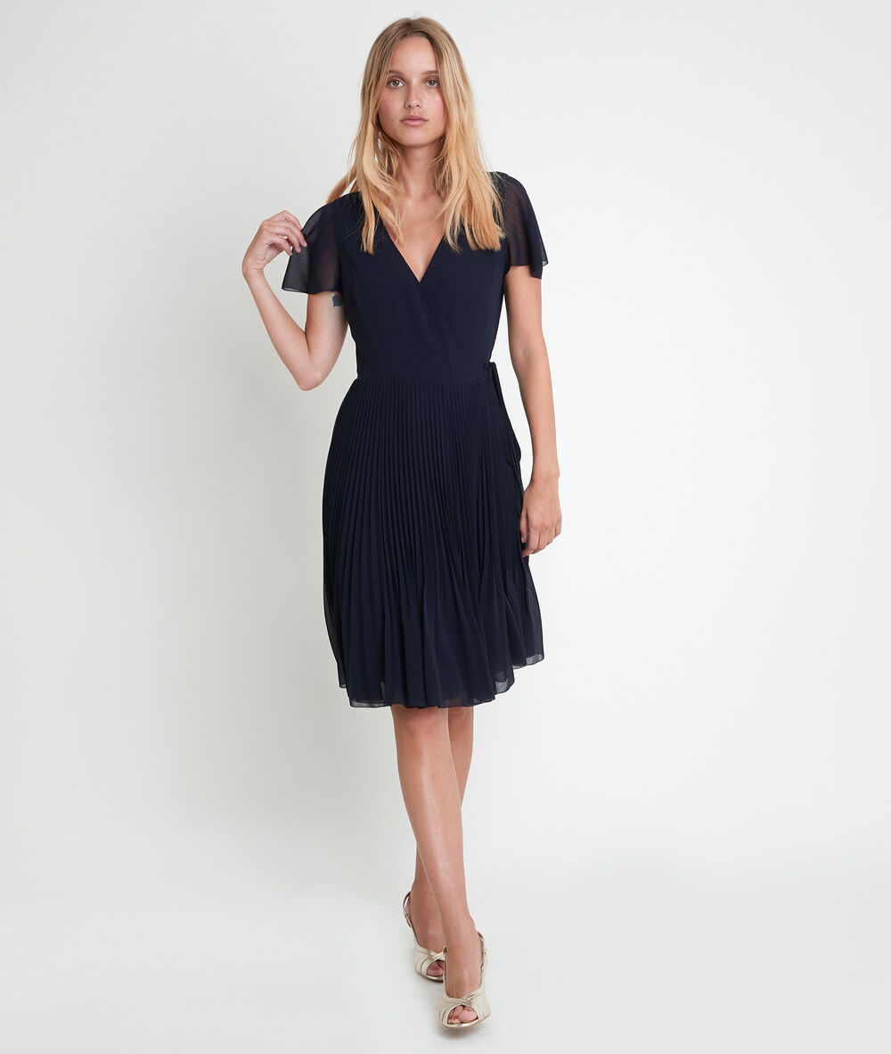 Robe cache-coeur pliss&eacute;e marinette marine.