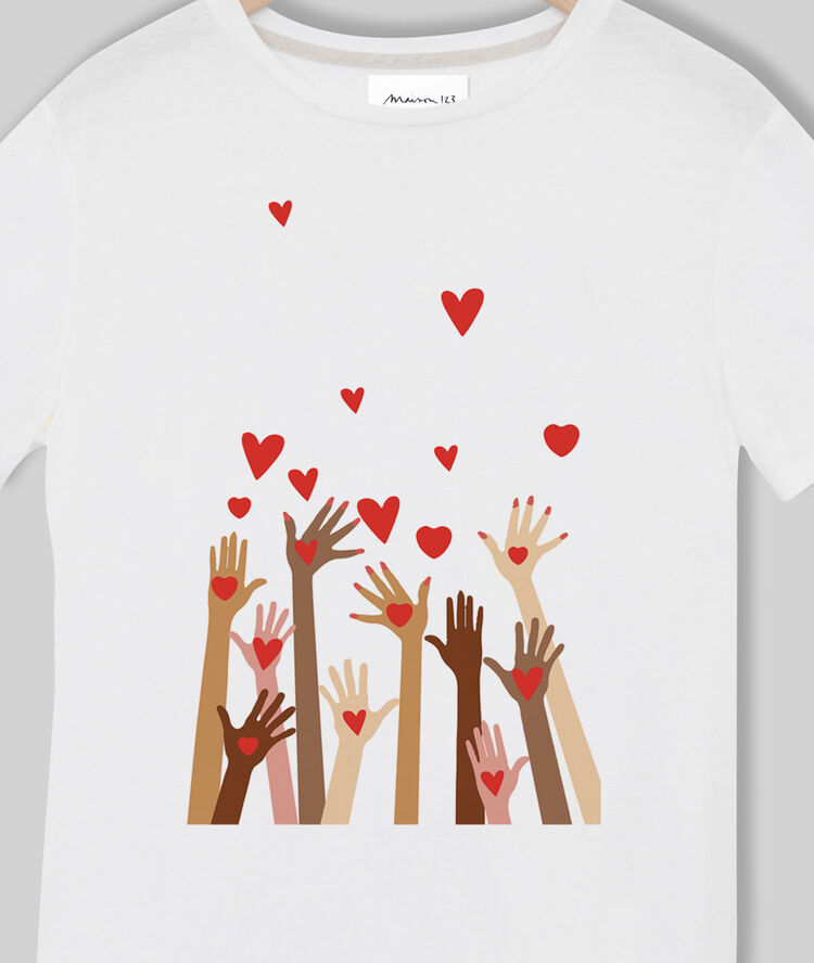 Tee-shirt sérigraphié en coton biologique merci blanc.