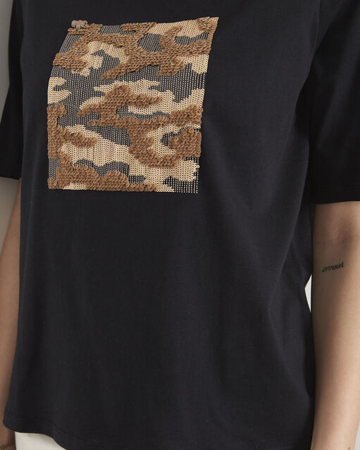 Tee-shirt noir imprimé sequins paillote noir.