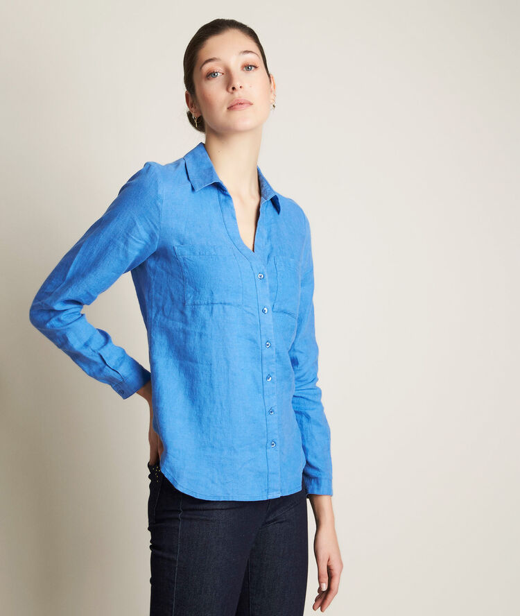 Chemise en lin bleue evolie cassis.