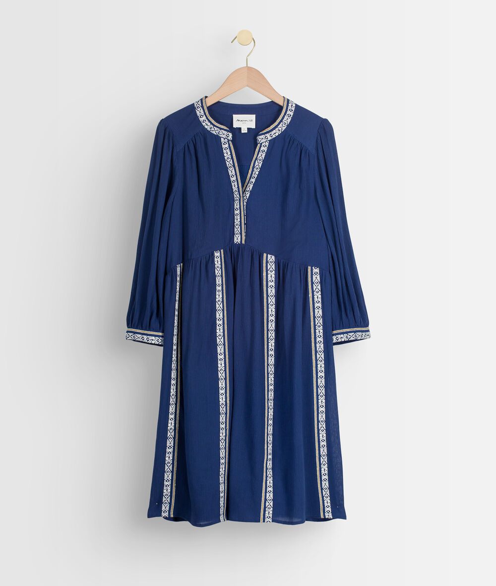 Robe courte fluide et brodée marine stella denim brut.