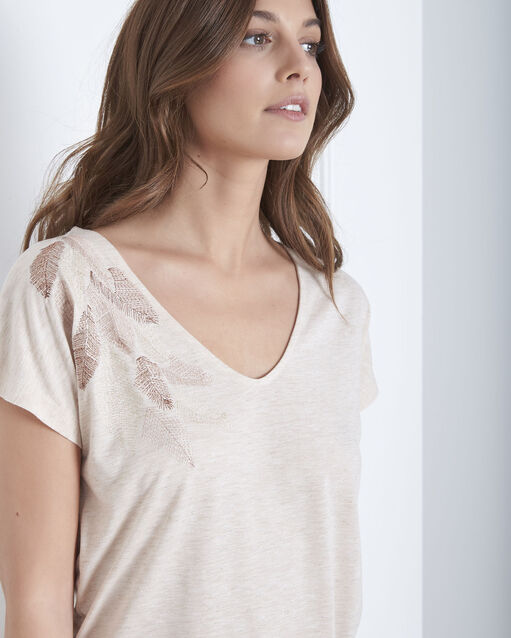 Tee-shirt beige broderie plume pandore naturel.