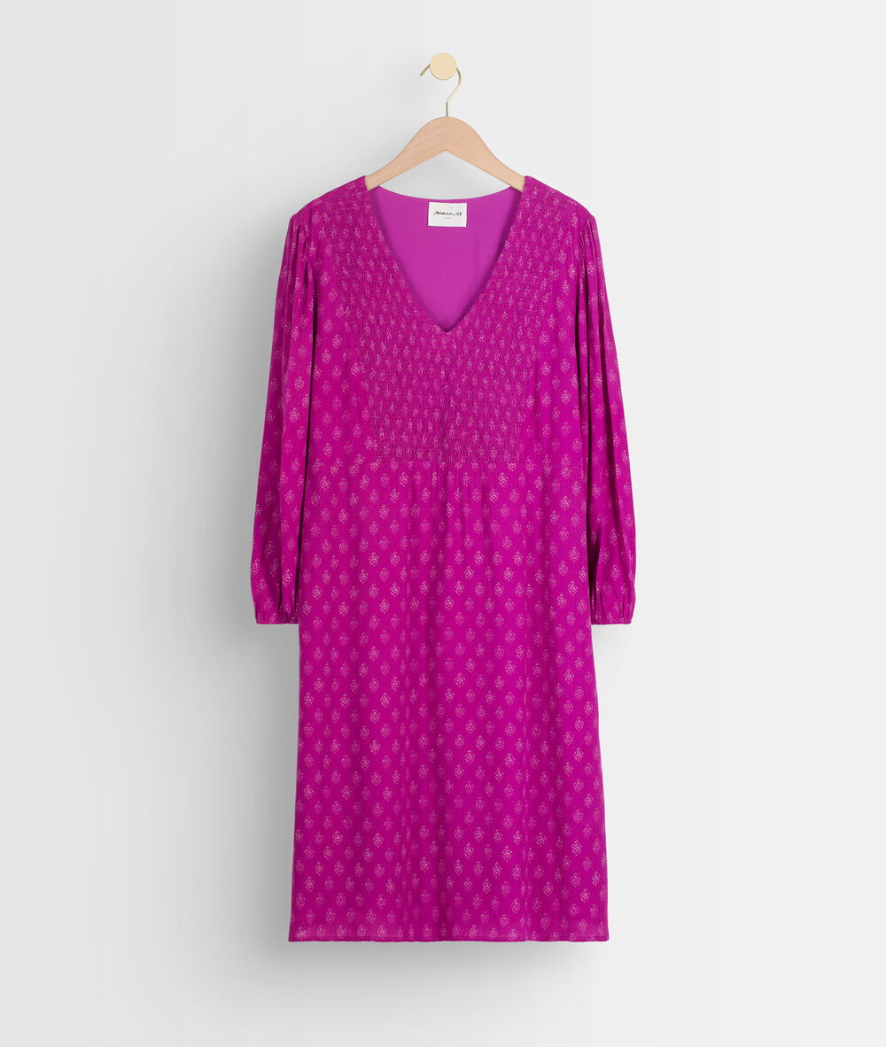 Korte jurk met smokwerk en fushia print solen fuchsia.