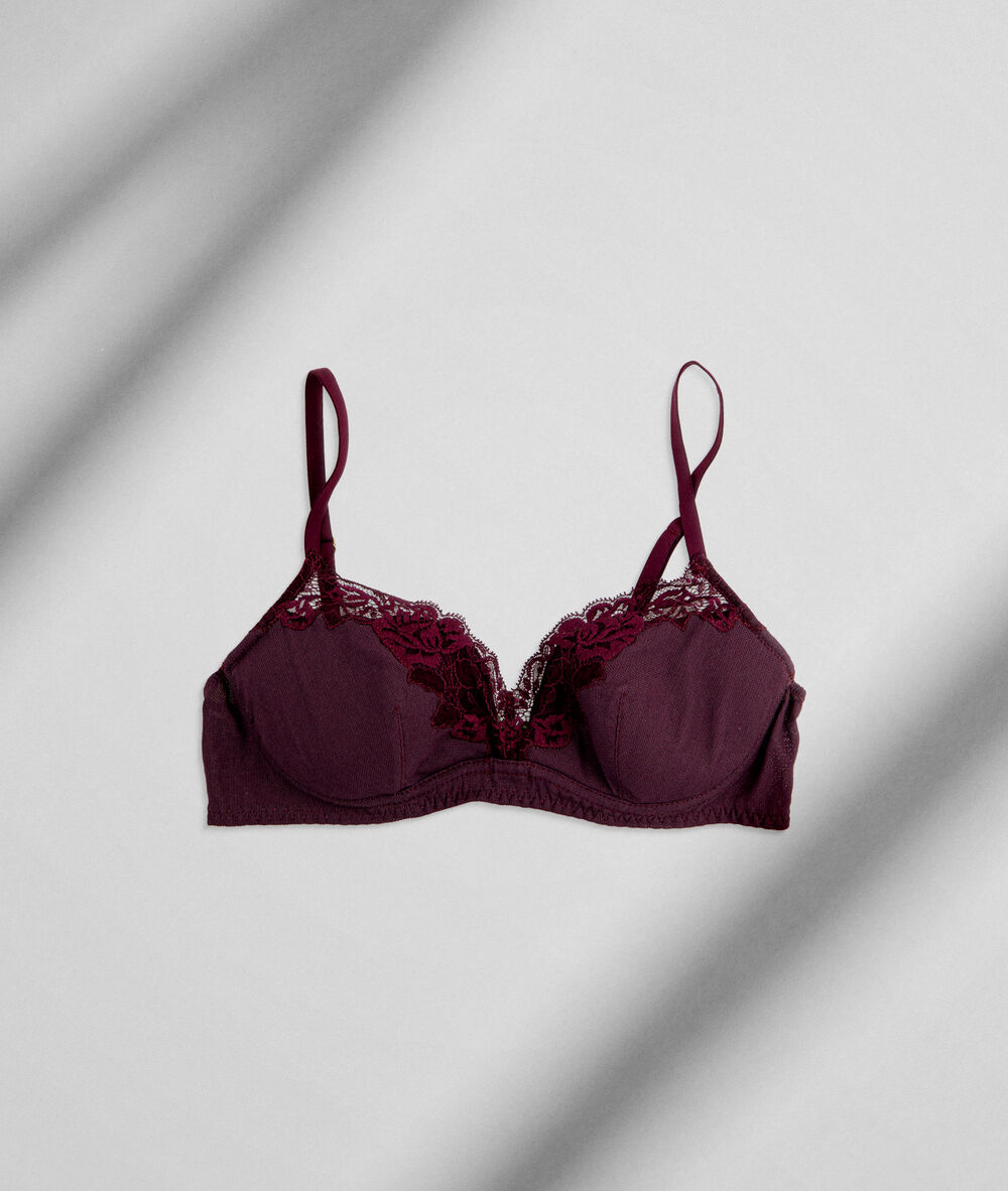 Soutien-gorge ampliforme en tulle coton et dentelle française lie de vin jeanne bordeaux.