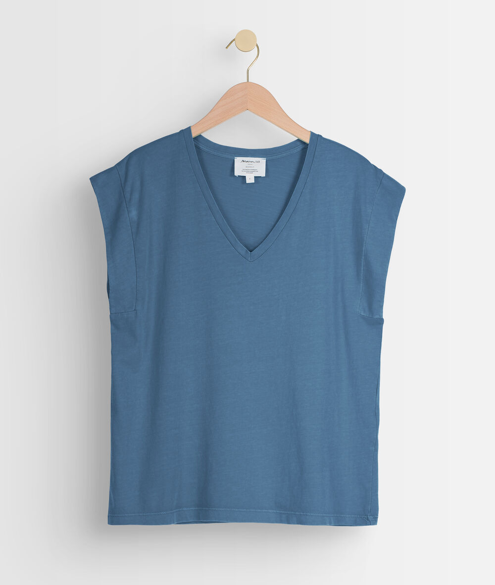 Tee-shirt en coton biologique bleu ideal denim brut.