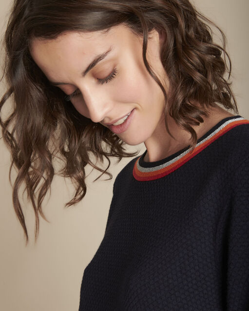 Pull marine col fantaisie faussette marine.