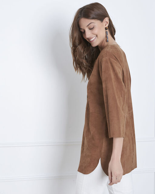 Schokoladenfarbene bluse mit schnüren aus veloursleder vanak camel.