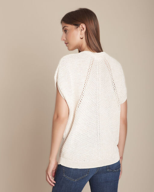 Pull beige ajouré aube gris/blanc.