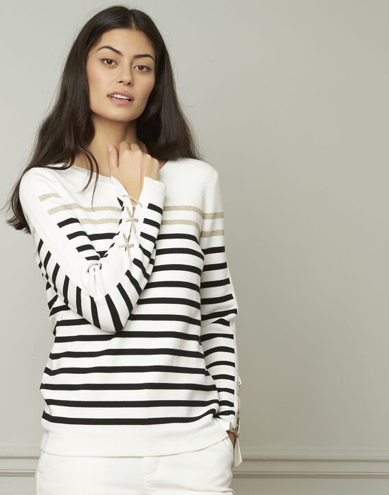 Pull écru rayures et laçages Amiral | 1-2-3 Pull écru rayures et laçages Amiral PhotoZ | 1-2-3
