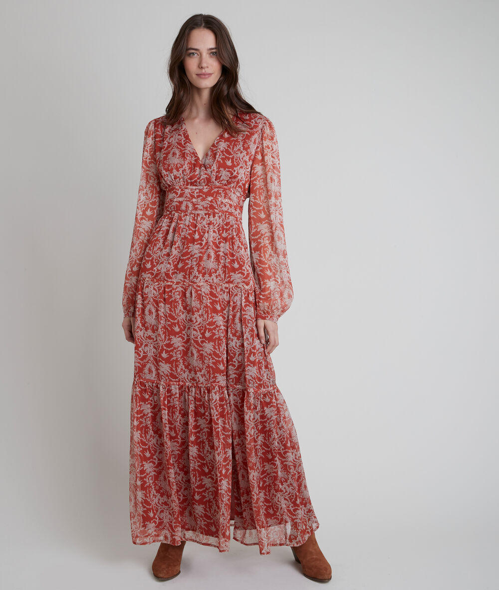 Robe longue orange imprim&eacute;e leonor goyave.