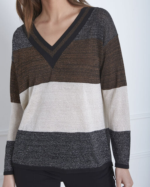 Pull marron rayures lurex artiste mastic.