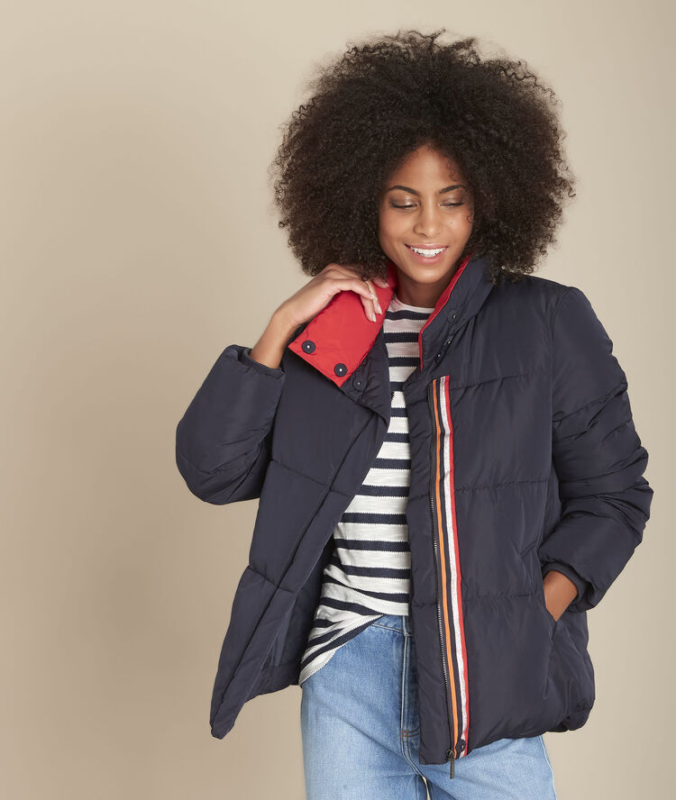 Marineblauw donsjack met contrasterende bies lor&egrave;ne marine.