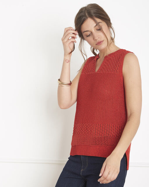 Pull rouge maille ajouré esprit crochet albi orange.