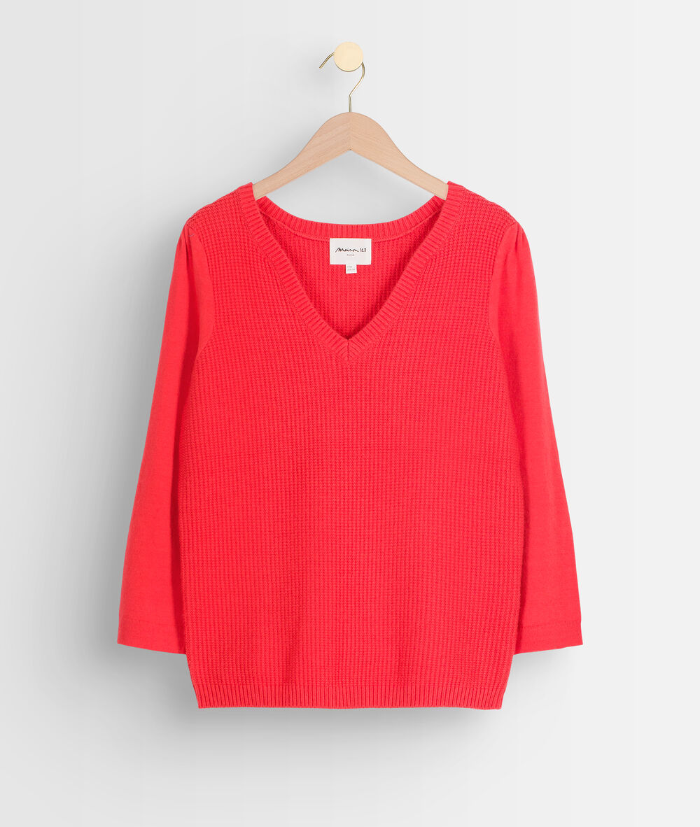 Rode trui van dubbel tricot théa geranium.