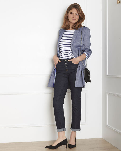 Manteau bleu lin mélangé djoe ciment.