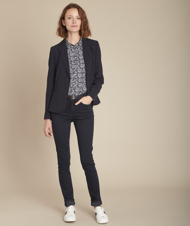 Blauw overhemd met bloemenprint ravel encre.