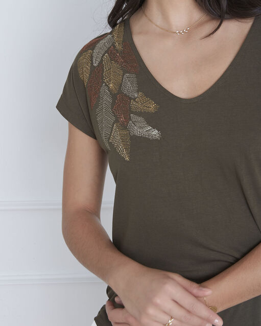 Tee-shirt kaki broderie plume pandore kaki.