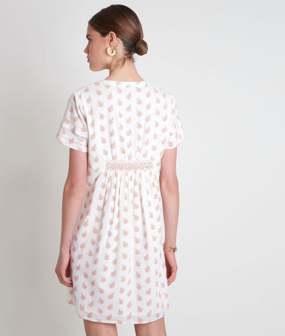 Robe courte en coton imprimé blanche soledad pêche.