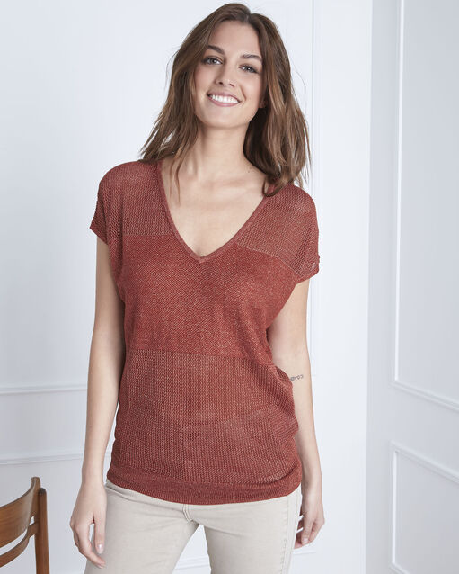 Pull acajou encolure v en lurex amande sable.