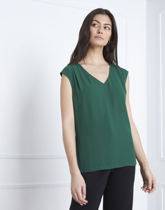 Blouse verte bimatière col V Neptune | 1-2-3 Blouse verte bimatière col V Neptune PhotoZ | 1-2-3