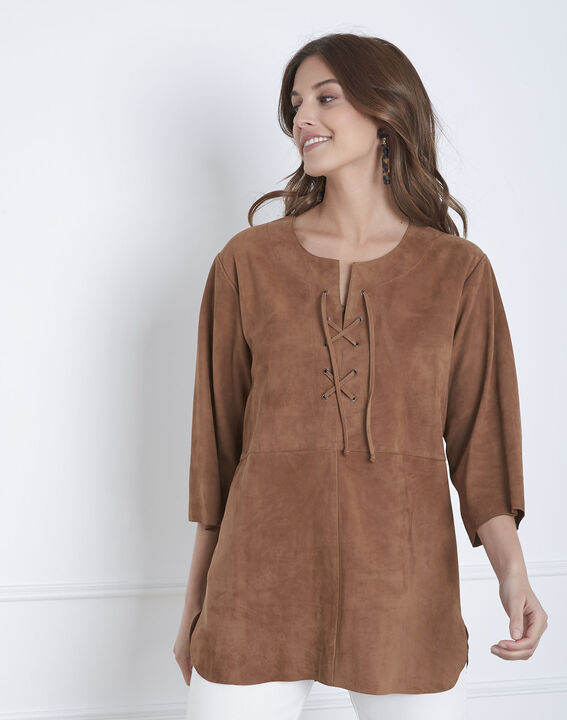 Schokoladenfarbene Bluse mit Schnüren aus Veloursleder Vanak | 1-2-3 Schokoladenfarbene Bluse mit Schnüren aus Veloursleder Vanak PhotoZ | 1-2-3