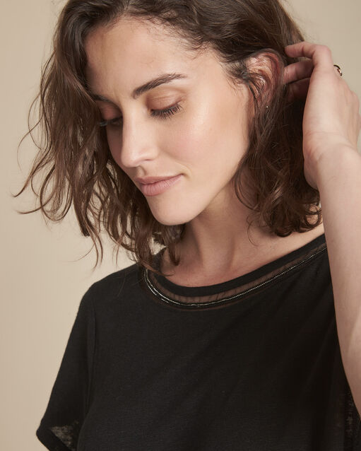Tee-shirt noir en lin encolure fantaisie panette noir.