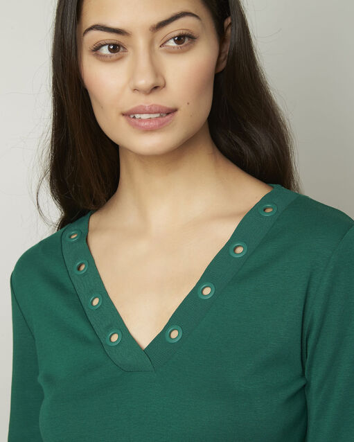 Tee-shirt vert encolure v à oeillets basic emerald.
