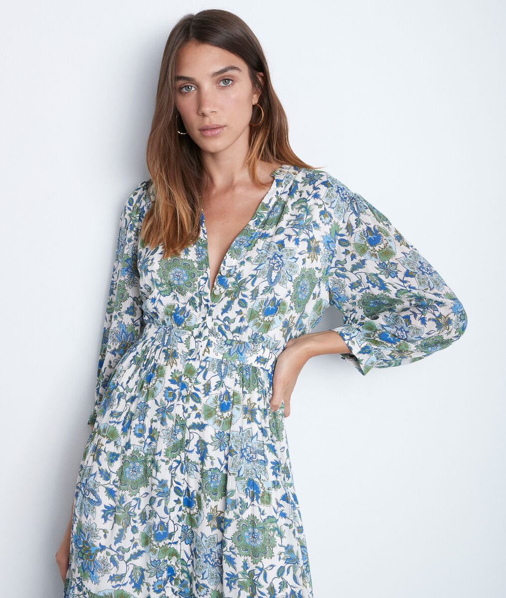Robe longue bohème à l'imprimé floral bleu et vert Carola | 1-2-3 Robe longue bohème à l'imprimé floral bleu et vert Carola PhotoZ | 1-2-3