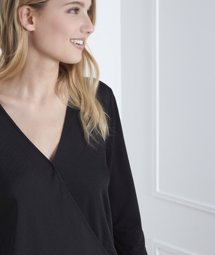 Schwarze bluse aus bimaterial in wickel-optik schwarz.