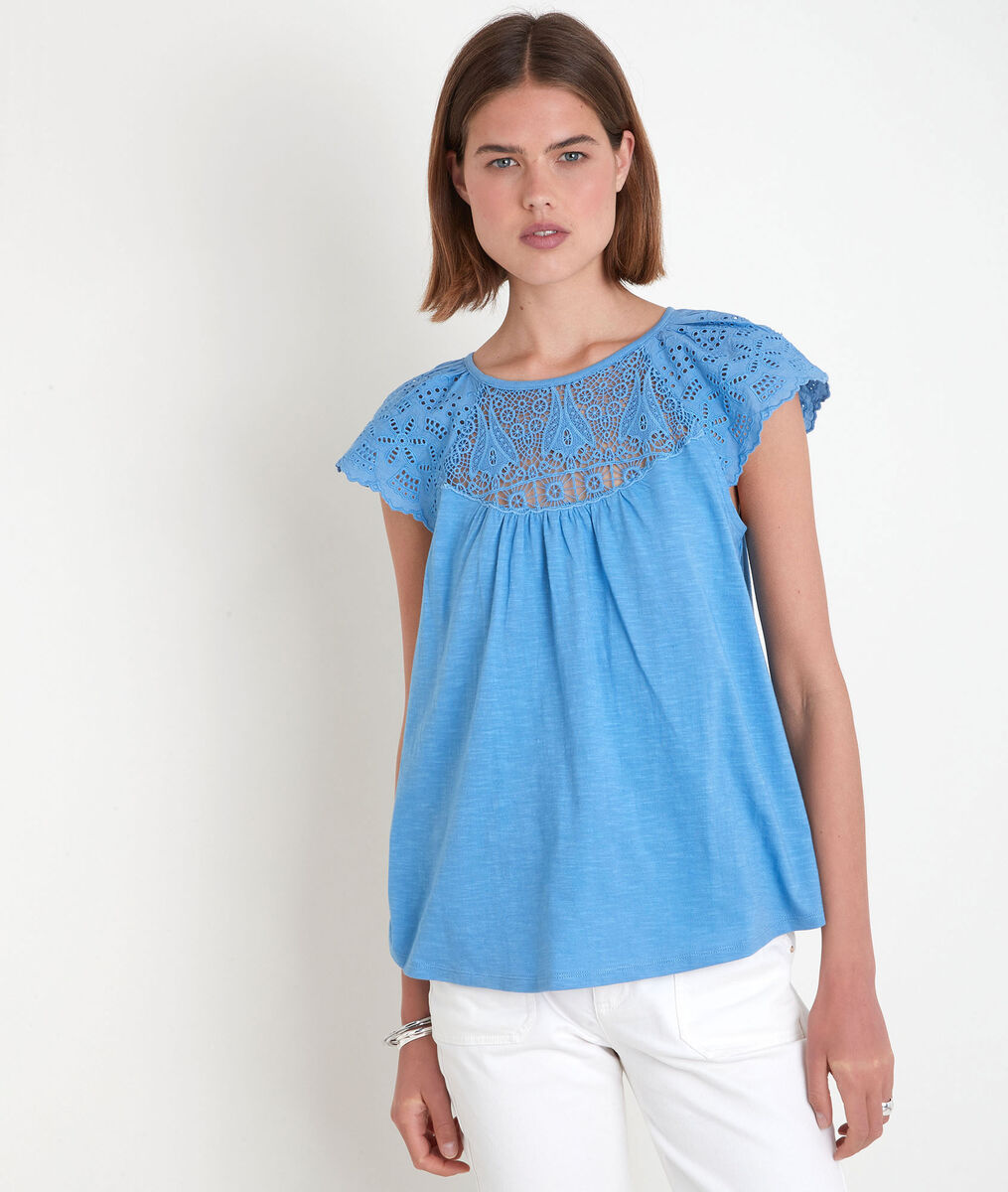 Blauw katoenen T-shirt met kant Ecume | 1-2-3 Blauw katoenen T-shirt met kant Ecume PhotoZ | 1-2-3