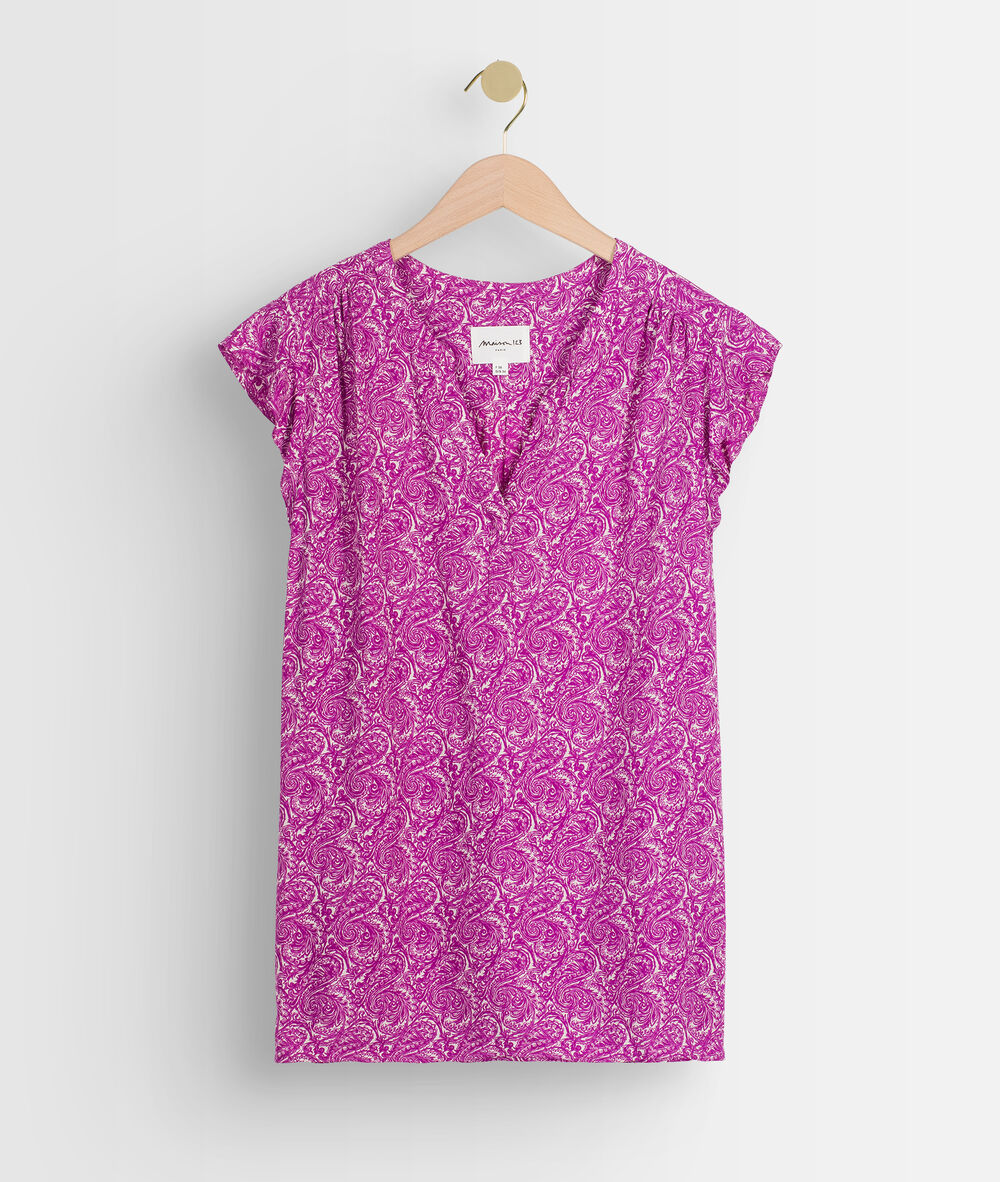 Blouse imprimée sans manche violette tela bougainvilliers.