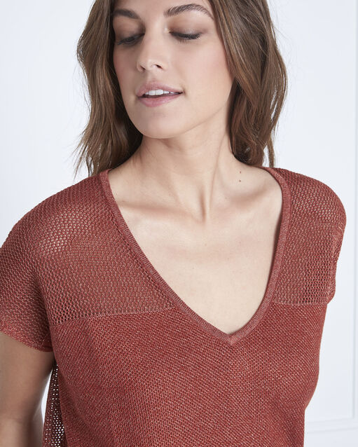 Pull acajou encolure v en lurex amande sable.