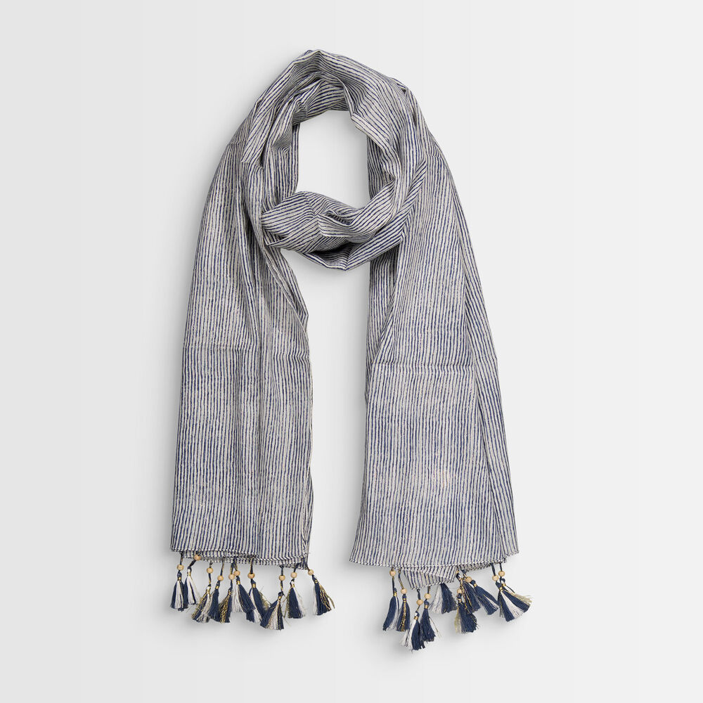 Foulard rayé bleu à franges bayron encre.