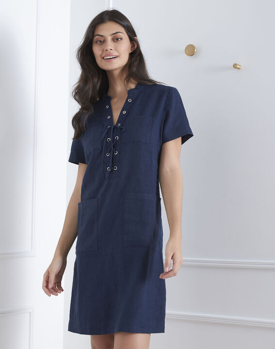 Robe marine encolure oeillets en lin Lenie | 1-2-3 Robe marine encolure oeillets en lin Lenie PhotoZ | 1-2-3